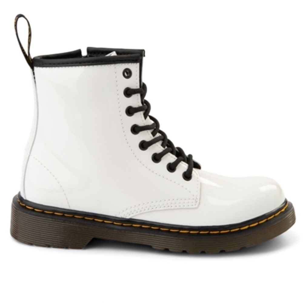 Dr. Martens Kids White Patent Leather Lace-Up Boots with Black Accents